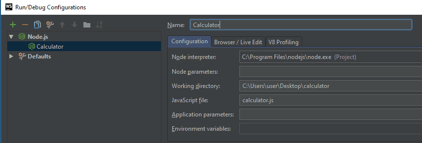 Web Storm Run Configuration
